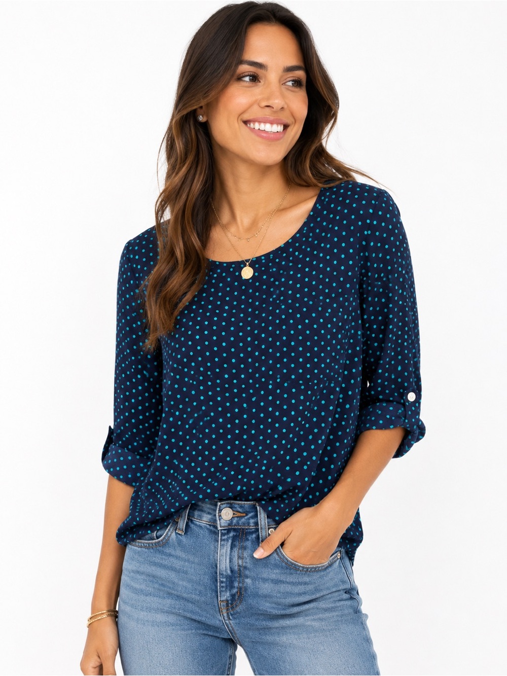 LOFT Navy & Teal Polka Dot Roll Tab Blouse Women’s Small Long Sleeve